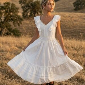 Vintage Gunne Sax White Prairie Sundress Flutter Sleeve Cottagecore Lace Midi